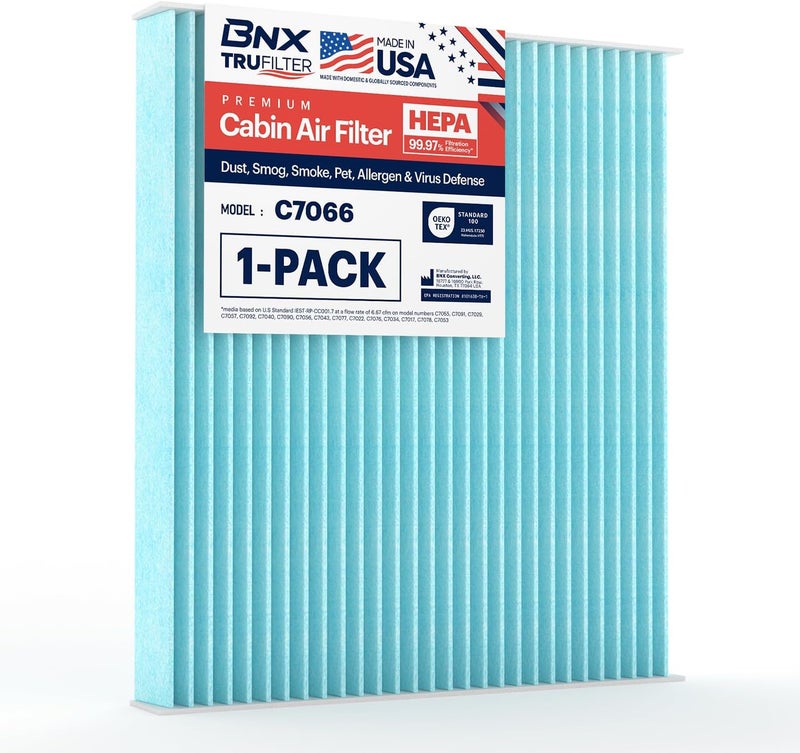 BNX TruFilter C7066 Cabin Air Filter, HEPA 99.97%, Compatible With Hyundai: Santa Fe, Sonata, Azera, Kia: Magentis, Optima - Image 1